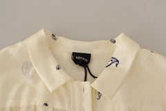 Aspesi Off White 100% Silk Long Sleeves Collared Top Blouse