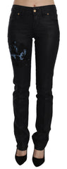 John Galliano Black Swan Floral Embroidered Mid Waist Skinny Denim Jeans