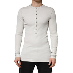 Dolce & Gabbana Gray Ribbed Cotton Long Sleeve Henley  Sweater