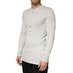 Dolce & Gabbana Gray Ribbed Cotton Long Sleeve Henley  Sweater