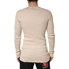 Dolce & Gabbana Beige Ribbed Cotton Long Sleeve Henley Sweater