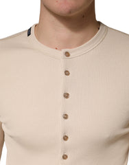Dolce & Gabbana Beige Ribbed Cotton Long Sleeve Henley Sweater