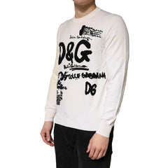Dolce & Gabbana White Virgin Wool Graphic Logo Crewneck Sweater
