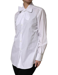 Dolce & Gabbana White Cotton Bow Tie Long Sleeves Blouse Top