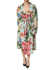 Dolce & Gabbana Green Floral Silk Wrap Midi Long Sleeve Dress