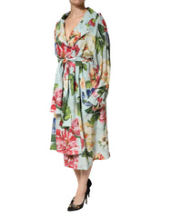 Dolce & Gabbana Green Floral Silk Wrap Midi Long Sleeve Dress