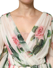 Dolce & Gabbana Green Floral Silk Wrap Midi Long Sleeve Dress