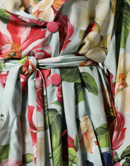 Dolce & Gabbana Green Floral Silk Wrap Midi Long Sleeve Dress