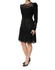 Dolce & Gabbana Black Lace Sheer Panel Midi Long Sleeve  Dress