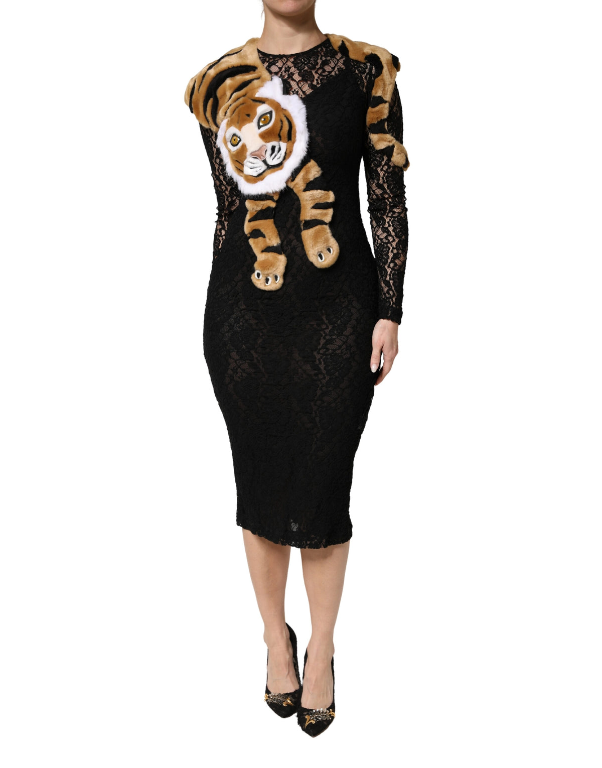 Dolce & Gabbana Black Lace Faux Fur Tiger Appliqué Sheath Dress