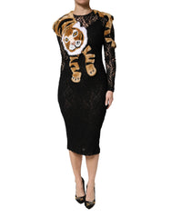 Dolce & Gabbana Black Lace Faux Fur Tiger Appliqué Sheath Dress