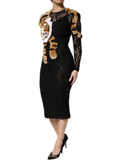 Dolce & Gabbana Black Lace Faux Fur Tiger Appliqué Sheath Dress