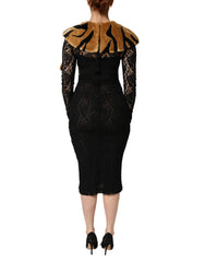 Dolce & Gabbana Black Lace Faux Fur Tiger Appliqué Sheath Dress