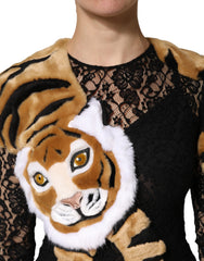 Dolce & Gabbana Black Lace Faux Fur Tiger Appliqué Sheath Dress