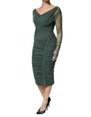 Dolce & Gabbana Green Ruched Mesh Sheer Sleeves Midi Dress