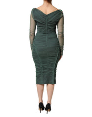 Dolce & Gabbana Green Ruched Mesh Sheer Sleeves Midi Dress