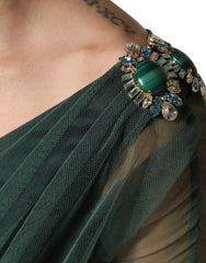 Dolce & Gabbana Green Ruched Mesh Sheer Sleeves Midi Dress