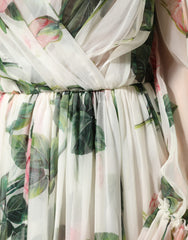 Dolce & Gabbana Floral Rose Ivory Silk Blend Longsleeve Dress