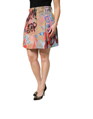 Dolce & Gabbana Beige Graffiti Print Cotton Blend Mini Skirt