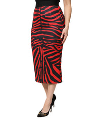 Dolce & Gabbana Red Black Zebra Print Polyester Pencil Midi Skirt