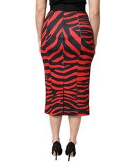 Dolce & Gabbana Red Black Zebra Print Polyester Pencil Midi Skirt