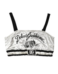 Dolce & Gabbana White Silk Satin Crop Black Logo Bralette Top