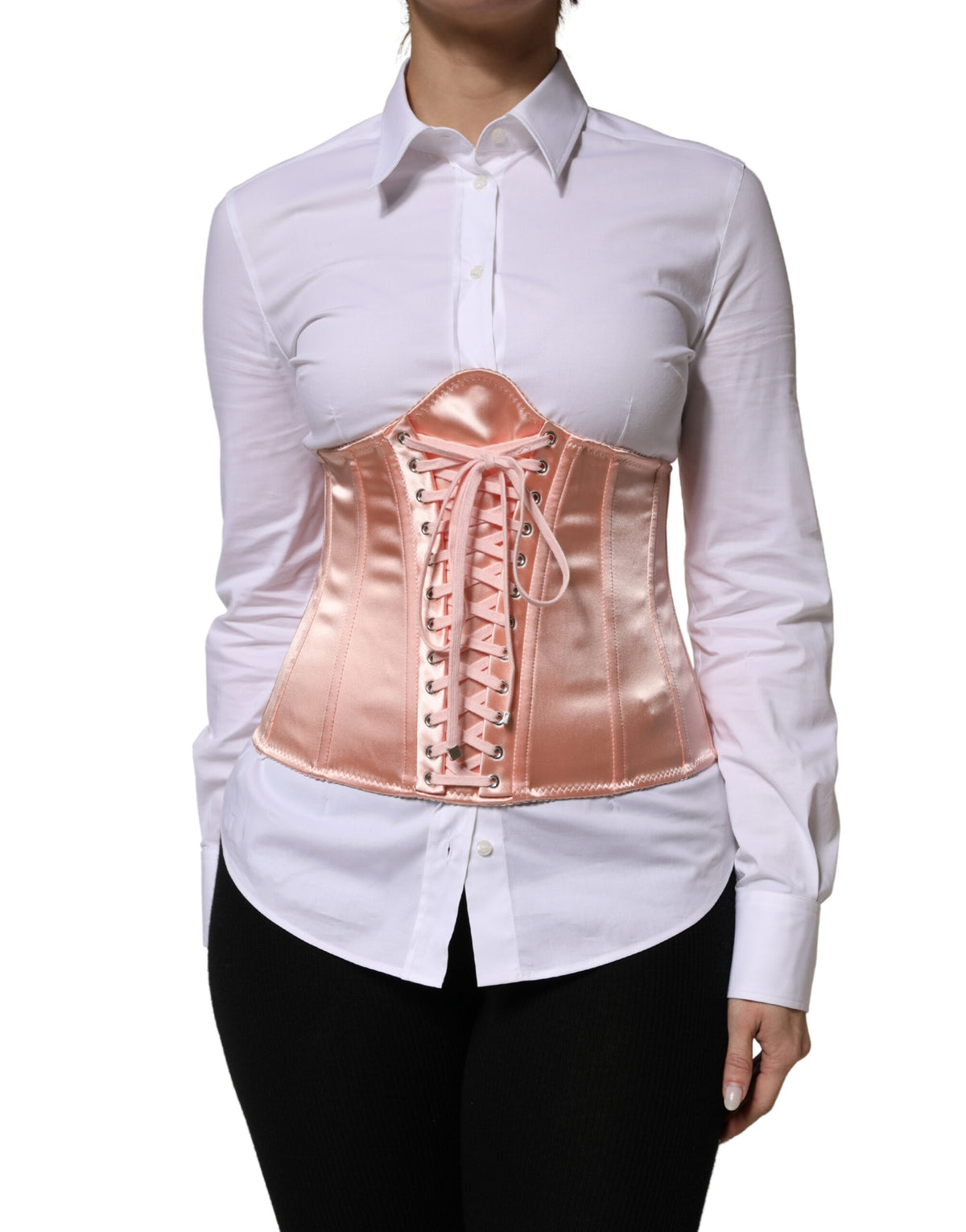 Dolce & Gabbana Pale Pink Silk LaceUp Waist Cincher Corse Top