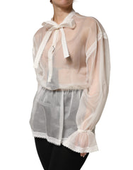 Dolce & Gabbana White Sheer Silk Blouse Lace Bow Tie Blouse Top