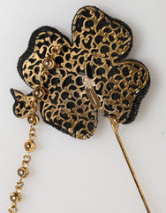 Dolce & Gabbana Black Gold Brass Crystal Chain Women Lapel Pin Brooch