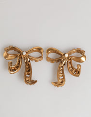 Dolce & Gabbana Gold Brass Pink Clear Crystal Bow Fiocchi Christmas  Earrings