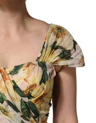 Dolce & Gabbana Yellow Silk Floral Print Pleated Maxi Dress