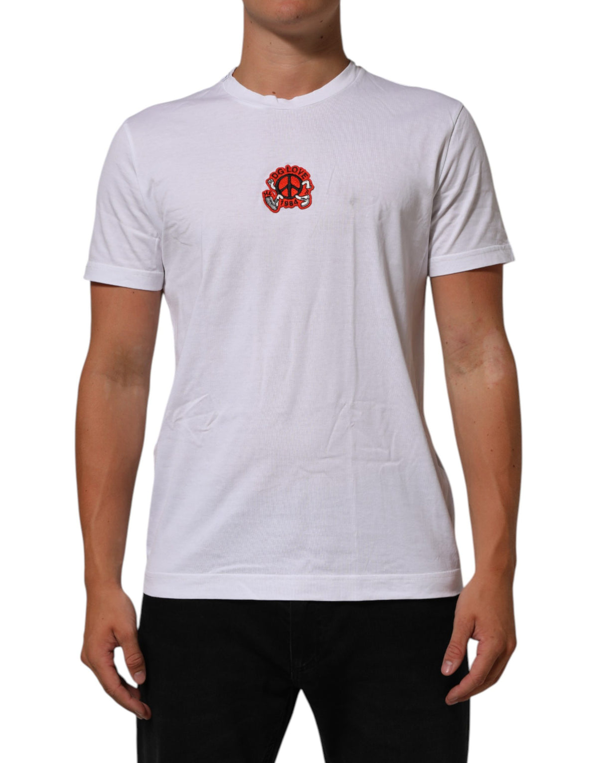 Dolce & Gabbana White Cotton DG Love Patch Crew Neck T-shirt