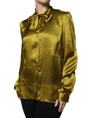 Dolce & Gabbana Green Satin Long Sleeve Ascot Tie Shirt Top