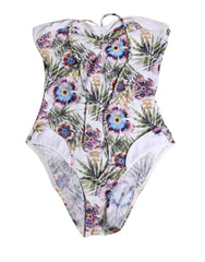 John Galliano White Floral Print Strapless One-Piece Swimsuit Swimwear