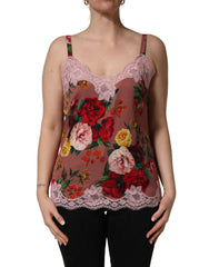 Dolce & Gabbana Brown Rose Print Satin Lace Camisole Tank Top
