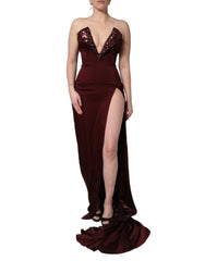Dolce & Gabbana Maroon Embellished Vneck Evening Gown Dress