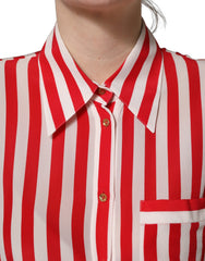 Dolce & Gabbana Red White Striped Long Sleeve Silk Blouse Top