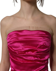 Dolce & Gabbana Hot Pink Ruched Satin Strapless Gown Dress