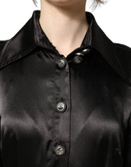 Dolce & Gabbana Black Satin Long Puff Sleeves Pleated Dress