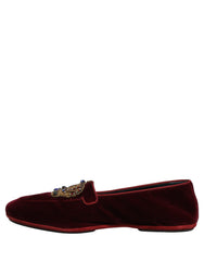 Dolce & Gabbana Burgundy Velvet Crown Slip On Loafers Shoes