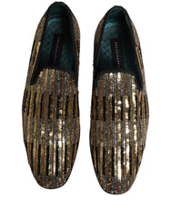 Dolce & Gabbana Gold Striped Sequin Embellished Loafer Shoes