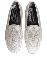 Dolce & Gabbana White Satin Embellished Dress Loafers Shoes