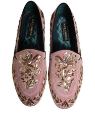 Dolce & Gabbana Pink Velvet Floral Embroidery Loafers Shoes