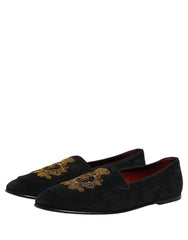 Dolce & Gabbana Black Velvet Crown Embroidery Loafers Shoes