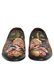 Dolce & Gabbana Black Velvet Floral Embroidery Loafers Shoes