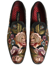 Dolce & Gabbana Black Velvet Floral Embroidery Loafers Shoes