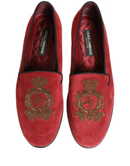 Dolce & Gabbana Red Velvet Logo Embroidery Men Loafers Shoes