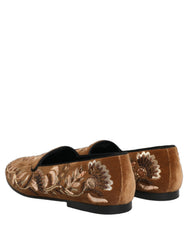 Dolce & Gabbana Brown Velvet Floral Embroidery Loafers Shoes