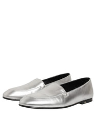 Dolce & Gabbana Silver Leather DG Logo Slip On Loafers Shoes