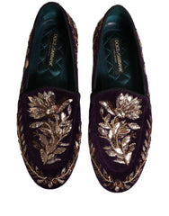 Dolce & Gabbana Violet Velvet Floral Embroidery Loafers Shoes